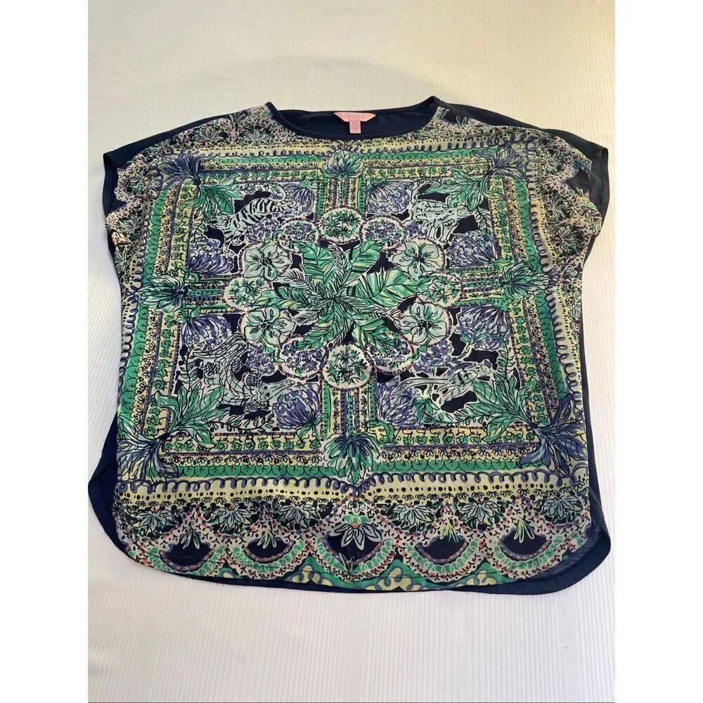 Lilly Pulitzer Marion Top Silk Blouse Shirt Escape Animals Navy Blue Size XS/S